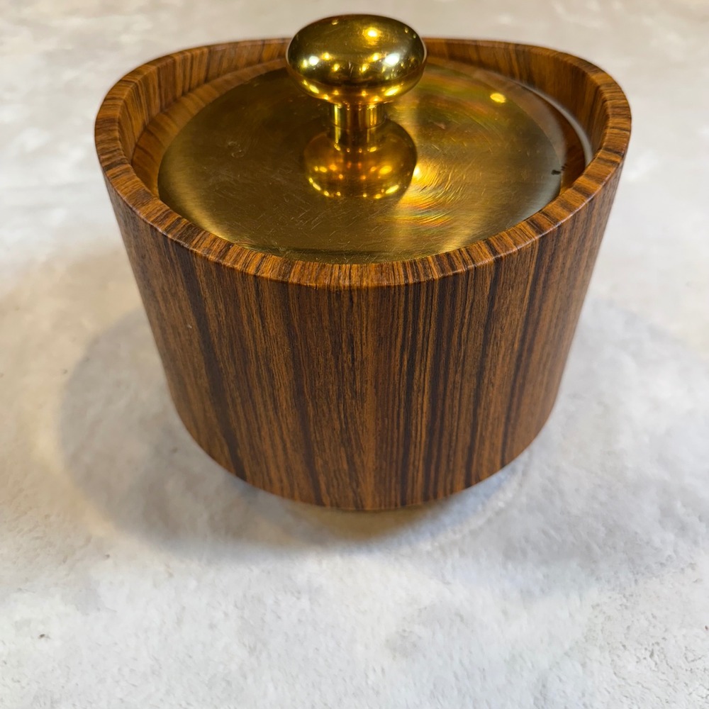 Kraftware Mid Century Modern Faux Wood Ice Bucket Brass Lid MCM Barware NYC